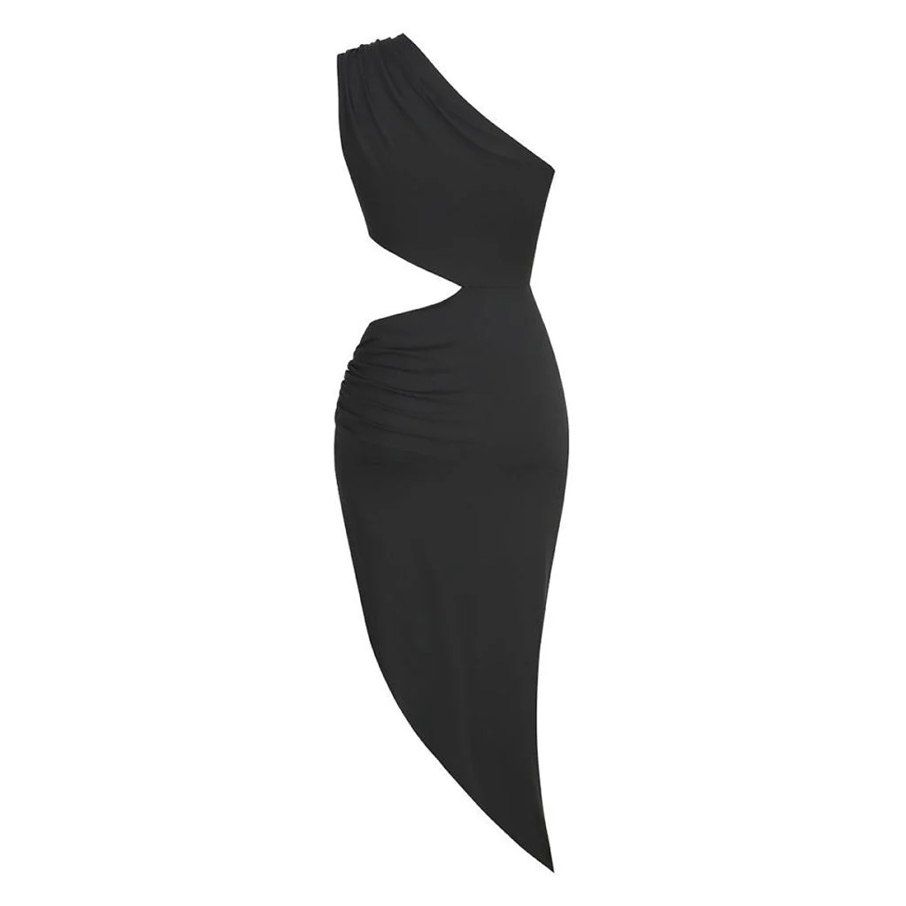 Asymmetric One Shoulder CutOut Metal Decor Ruched Slit High Midi Cocktail Dress - Image 3