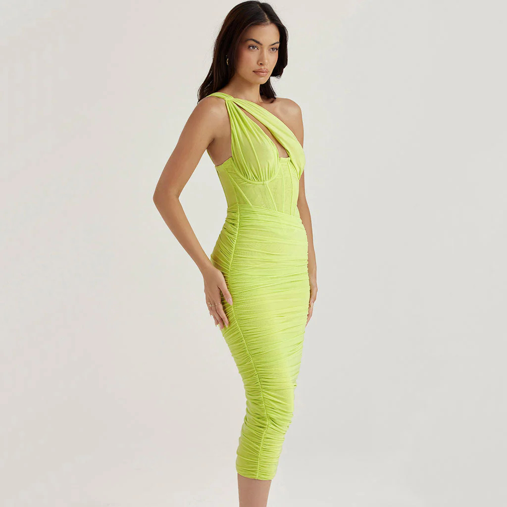 Asymmetric One Shoulder CutOut Ruched Corset Mesh Midi Dress - Lime - Image 2