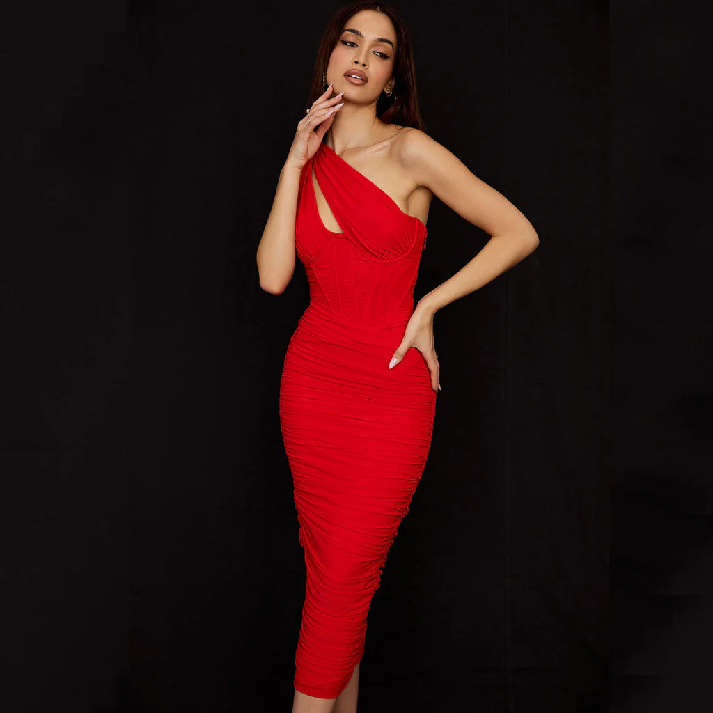 Asymmetric One Shoulder CutOut Ruched Corset Mesh Midi Dress - Red - Image 2