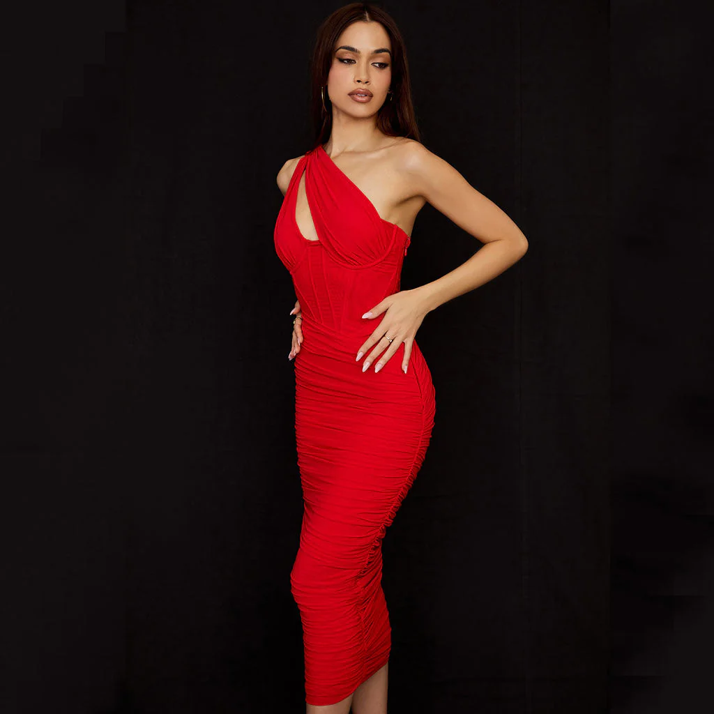 Asymmetric One Shoulder CutOut Ruched Corset Mesh Midi Dress - Red - Image 3