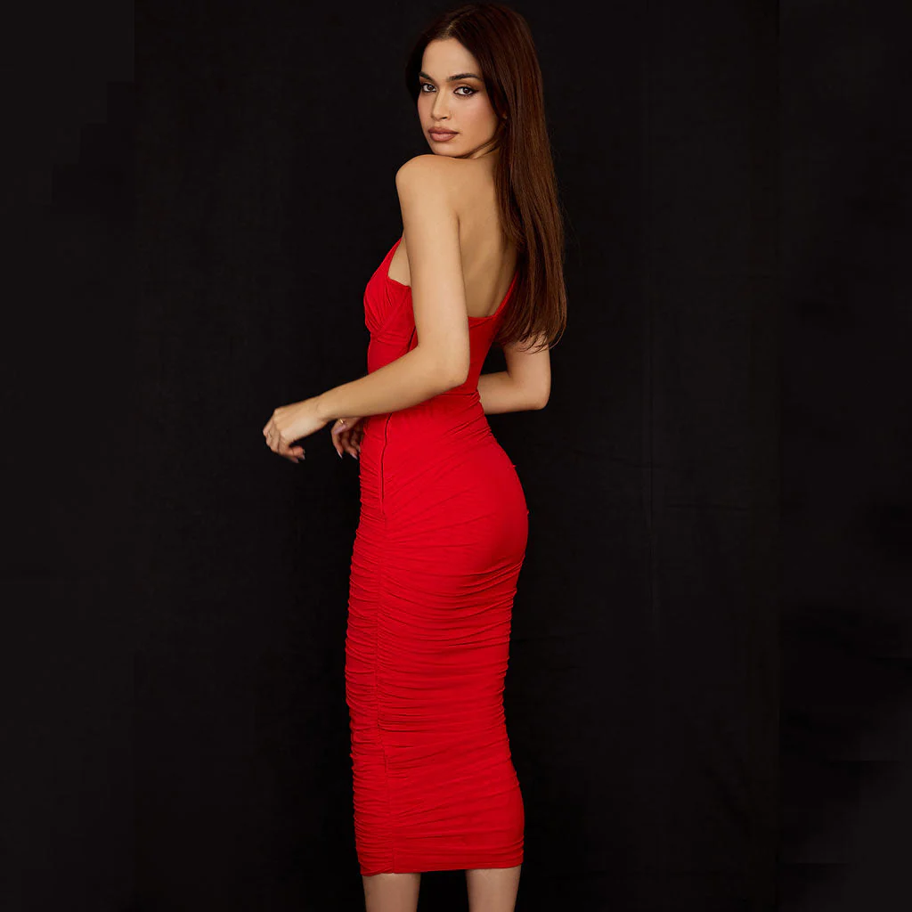 Asymmetric One Shoulder CutOut Ruched Corset Mesh Midi Dress - Red - Image 4