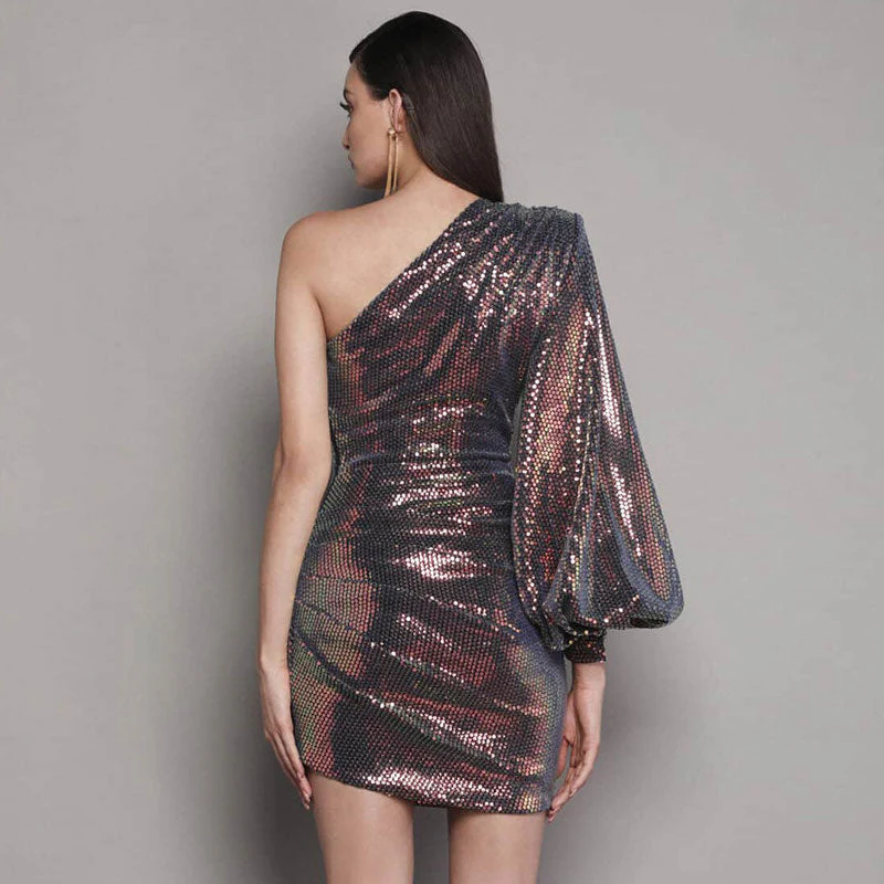 Asymmetric One Shoulder Puff Sleeve Ruched Sequin Mini Dress - Burgundy - Image 2