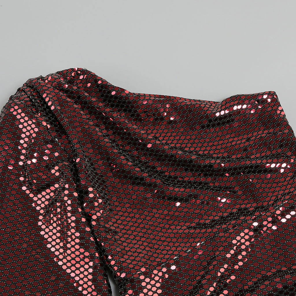 Asymmetric One Shoulder Puff Sleeve Ruched Sequin Mini Dress - Burgundy - Image 5