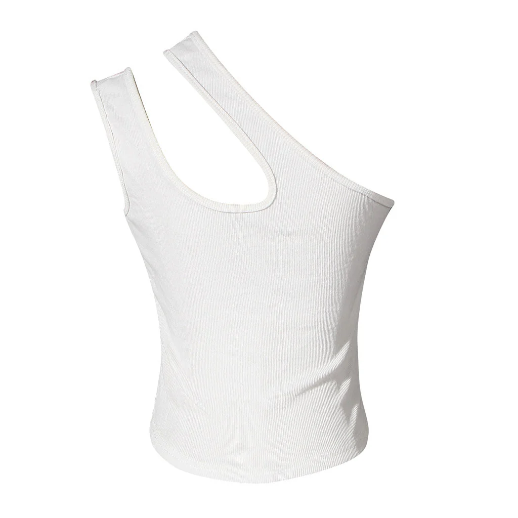 Asymmetric One Shoulder Ribbed Knit Fitted Crop Tank Top - Image 2