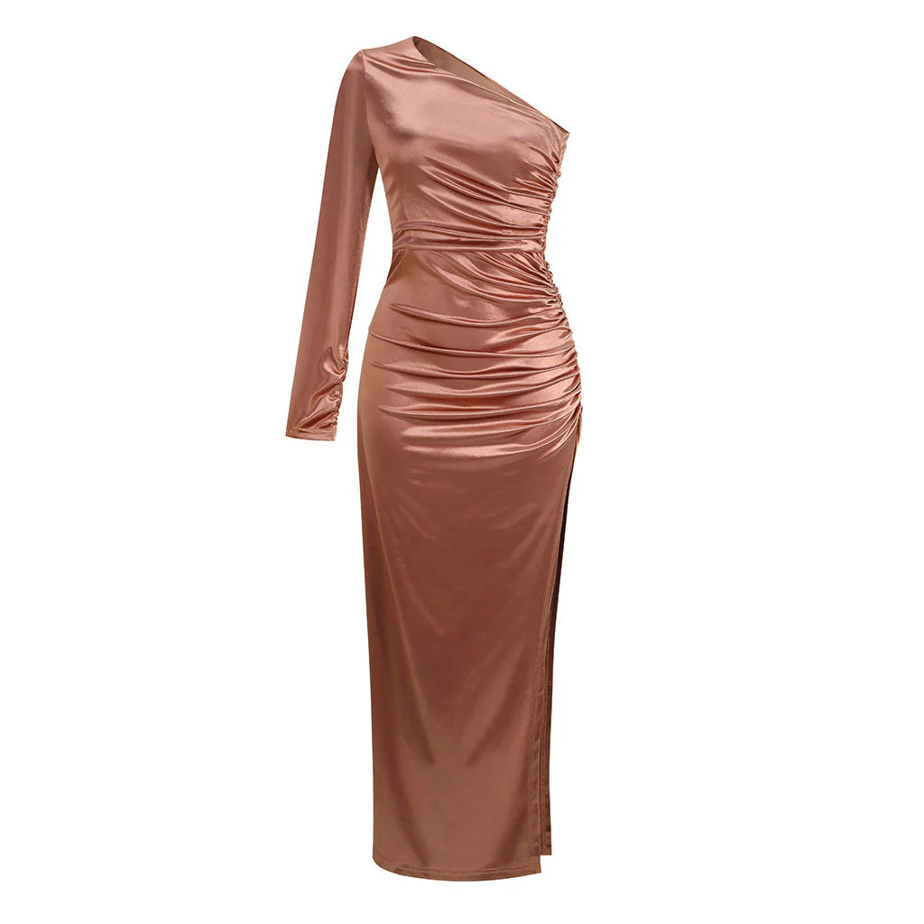 Asymmetric One Shoulder Ruched Side Split Maxi Evening Dress - Image 4