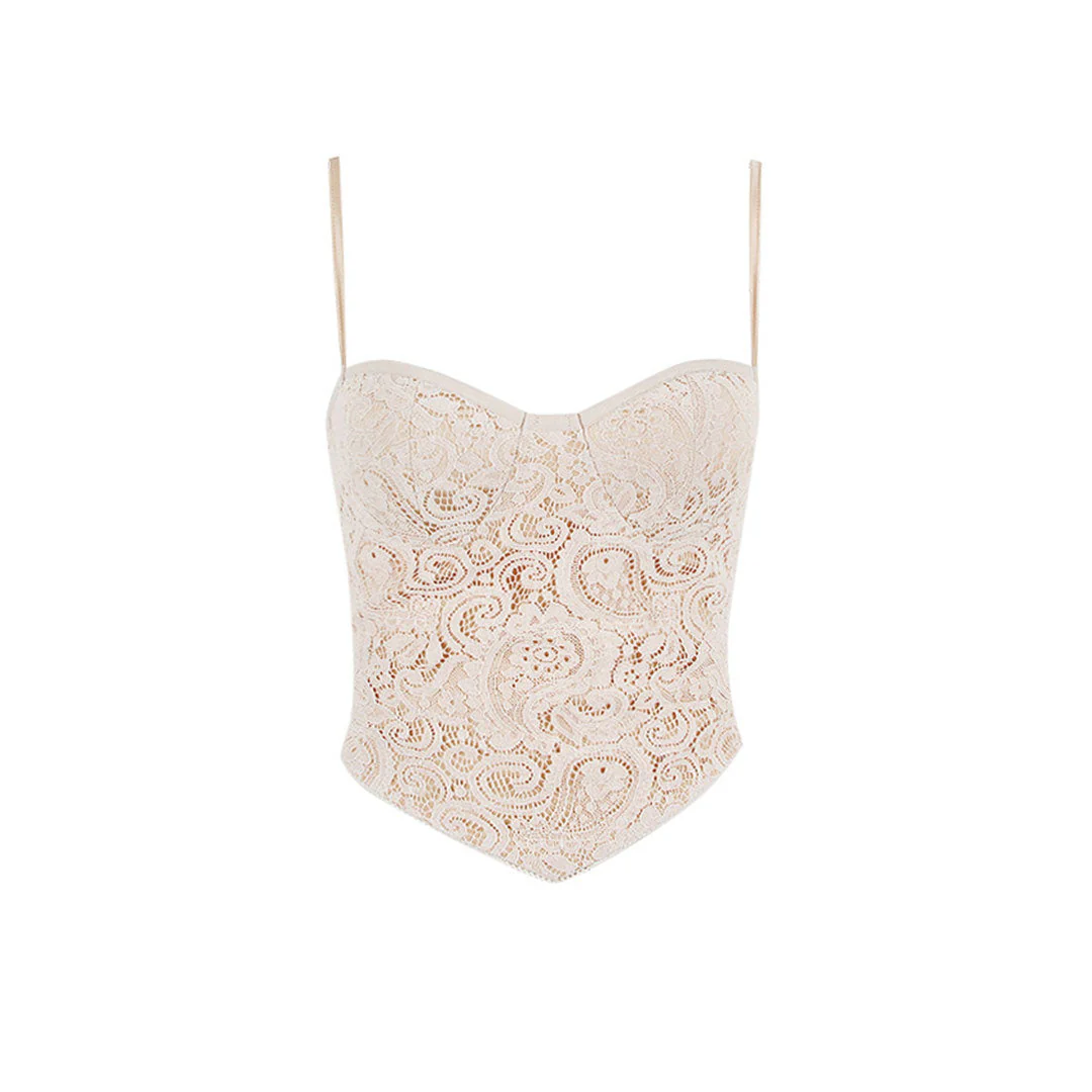 Asymmetric Paisley Lace Sweetheart Sleeveless Crop Tank Top - Apricot - Image 4