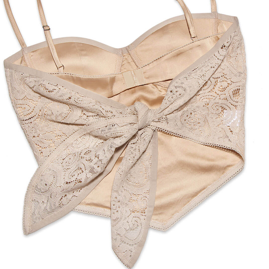 Asymmetric Paisley Lace Sweetheart Sleeveless Crop Tank Top - Apricot - Image 5