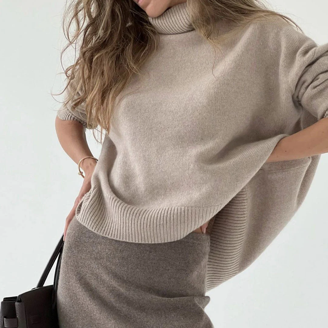Asymmetric Rib Trim Turtleneck Long Sleeve Oversized Pullover Sweater - Camel - Image 2