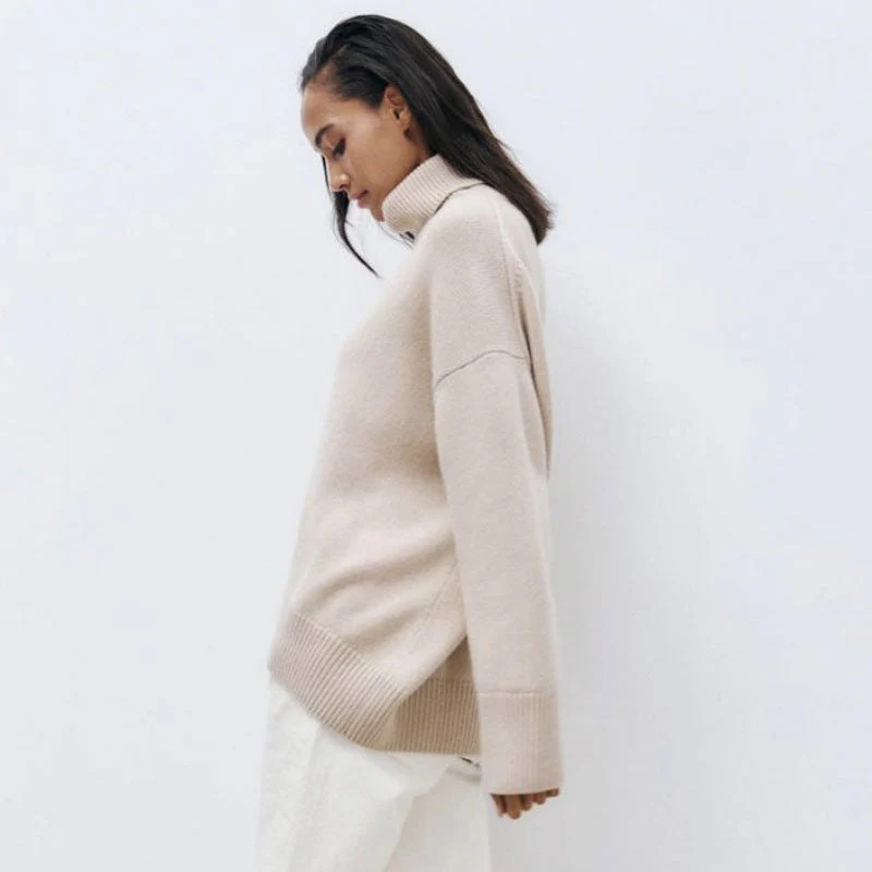 Asymmetric Rib Trim Turtleneck Long Sleeve Oversized Pullover Sweater - Camel - Image 3