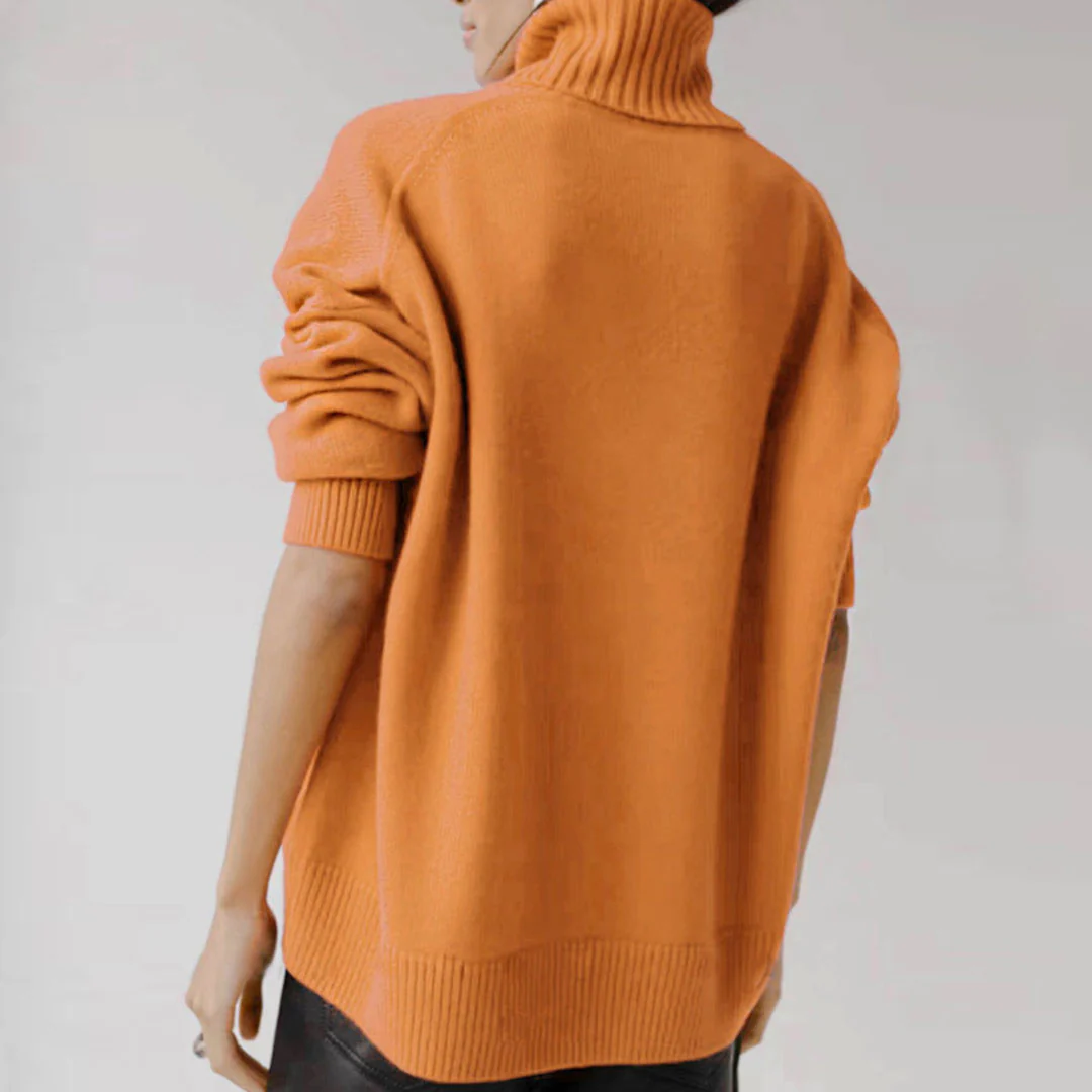 Asymmetric Rib Trim Turtleneck Long Sleeve Oversized Pullover Sweater - Orange - Image 2