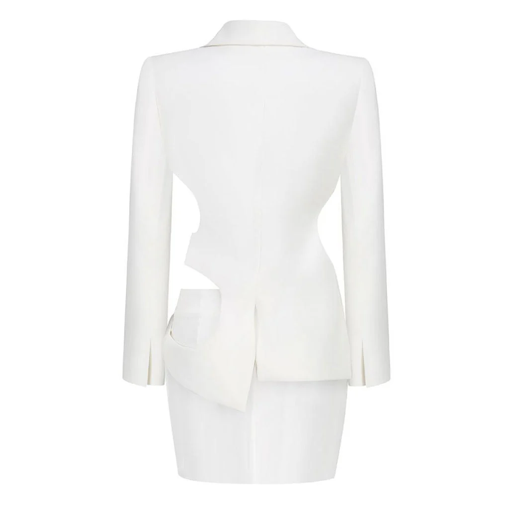 Asymmetric Ruched CutOut Peak Lapel Open Front Blazer Matching Set - Image 2