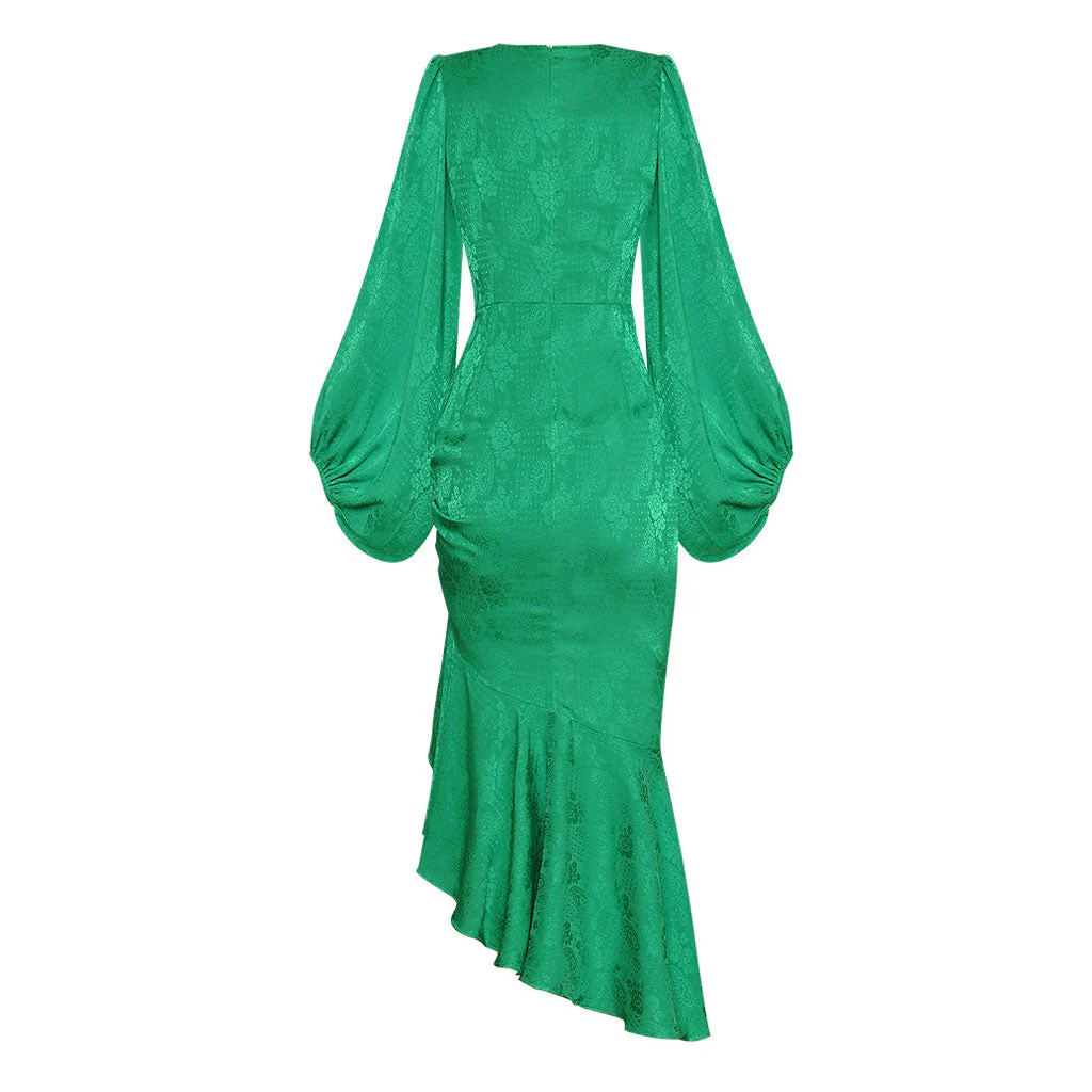 Asymmetric Ruched Ruffle Balloon Sleeve Round Neck Midi Mermaid Dress - Image 2