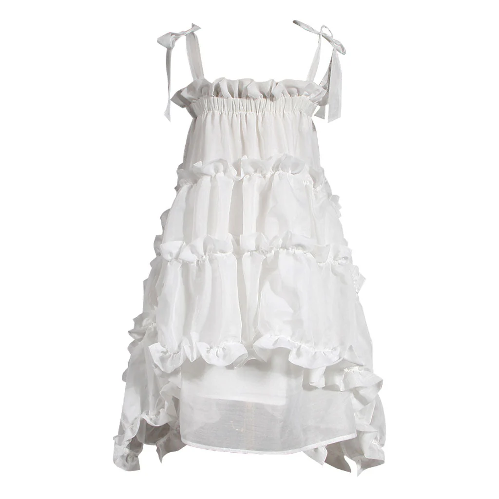 Asymmetric Ruffle Tiered Shoulder Tie Chiffon Midi Babydoll Dress - Image 3
