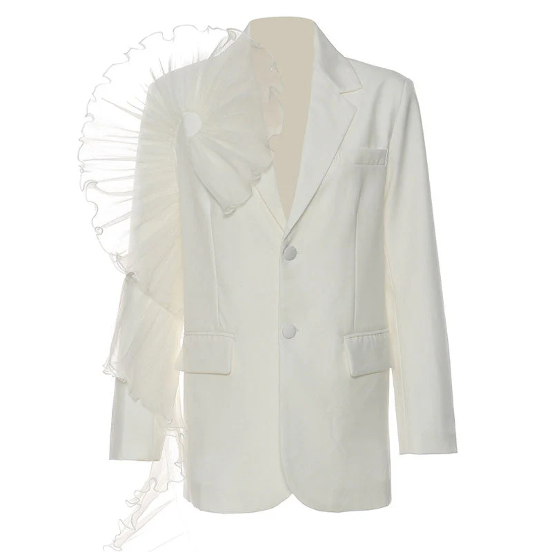 Asymmetric Ruffle Trim Lapel Collar Single Breasted Oversized Blazer - White - Image 3