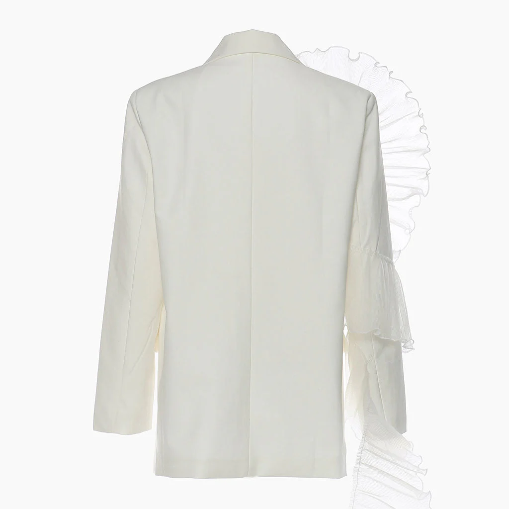 Asymmetric Ruffle Trim Lapel Collar Single Breasted Oversized Blazer - White - Image 4