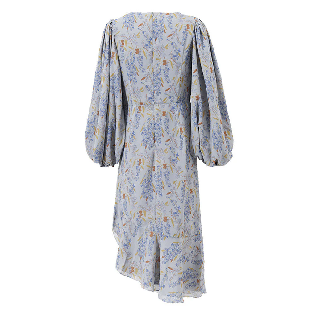 Asymmetric Ruffle Trim Puff Sleeve Drawstring Ruched Midi Floral Dress - Image 2