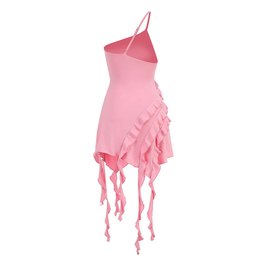 Asymmetric Ruffled One Shoulder Sleeveless Rosette Trim Mini Party Dress - Image 5