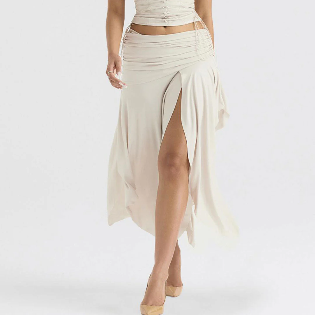 Asymmetric Satin Ruched Side Zipper Drop Waist Midi Skirt - Beige - Image 2