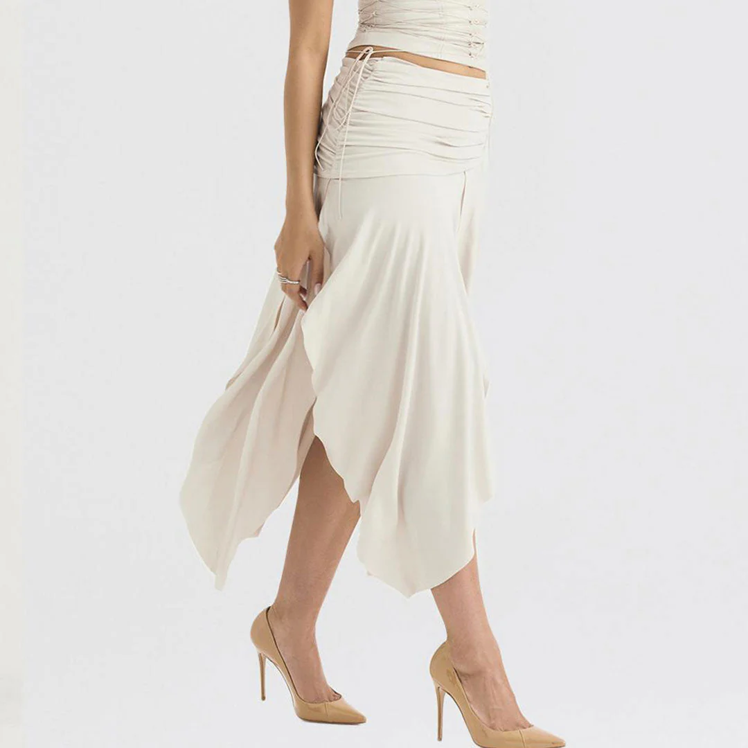Asymmetric Satin Ruched Side Zipper Drop Waist Midi Skirt - Beige - Image 3