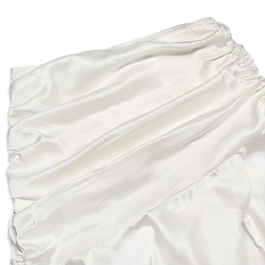 Asymmetric Satin Ruched Side Zipper Drop Waist Midi Skirt - Beige - Image 5