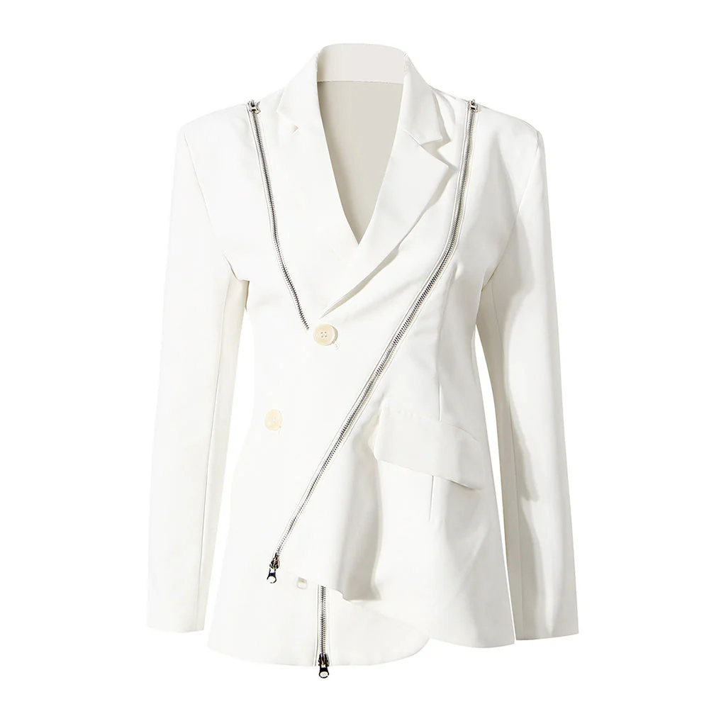 Asymmetric Single Breasted Metal Zip Detail Long Sleeve Lapel Collar Blazer - Image 2