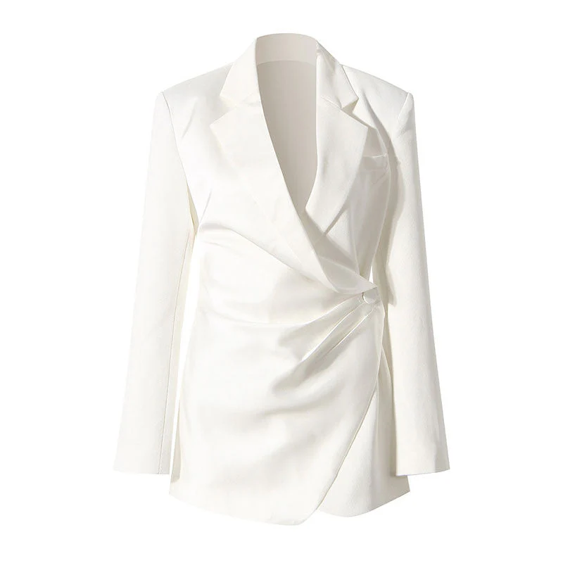 Asymmetric Single Breasted Ruched Side Button Long Sleeve Lapel Collar Blazer - Image 2