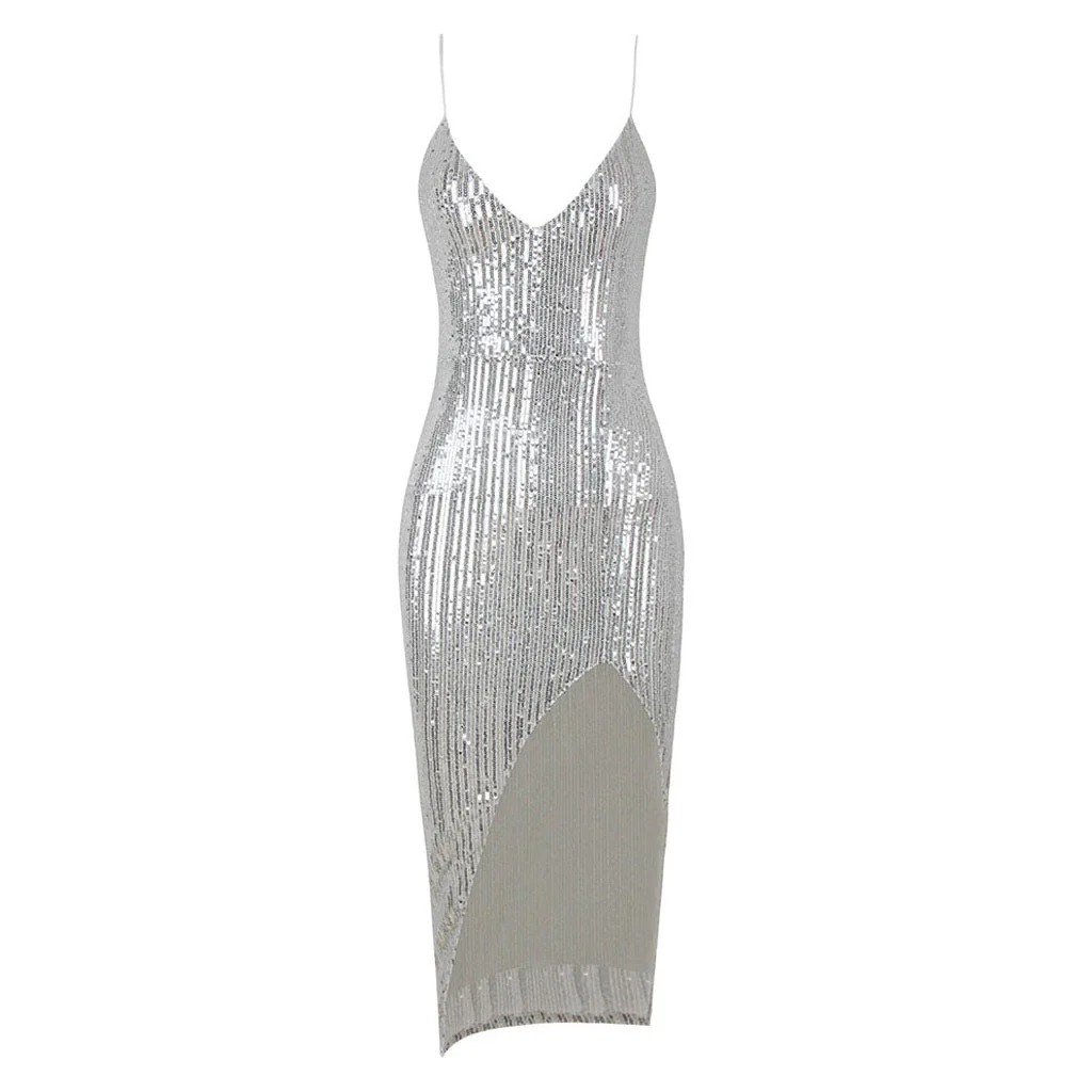 Asymmetric Spaghetti Strap Deep V Sequin Dress - Silver - Image 5