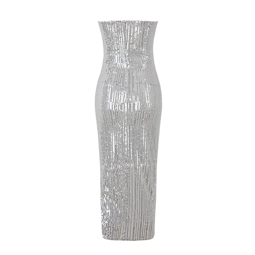 Asymmetric Spaghetti Strap Deep V Sequin Dress - Silver - Image 6