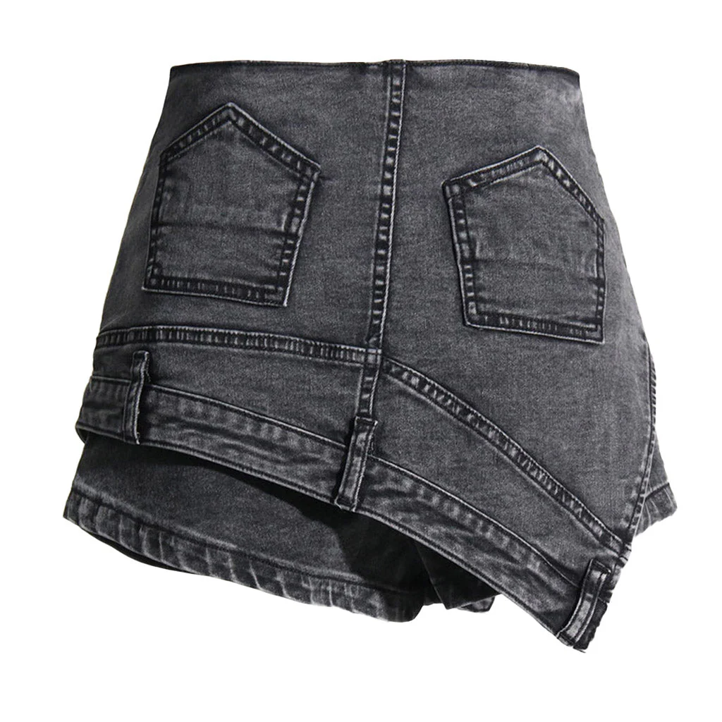 Asymmetric Upside Down High Waist Cutoff Denim Skorts - Image 2