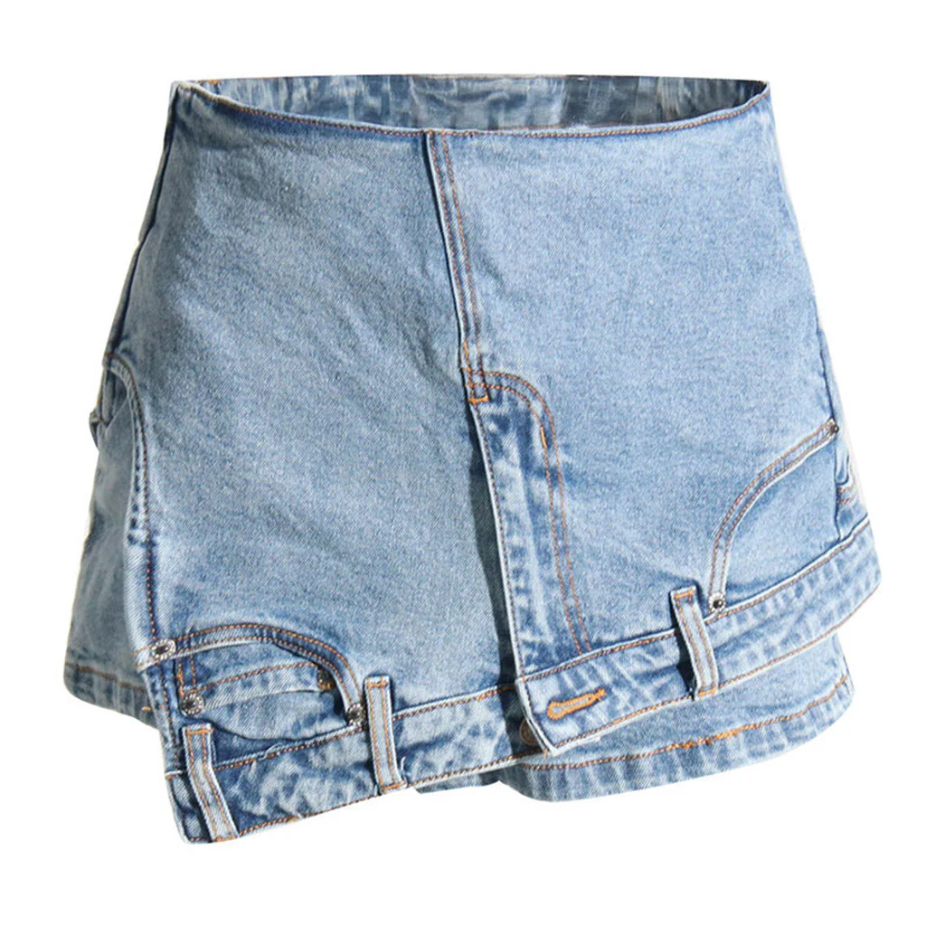 Asymmetric Upside Down High Waist Cutoff Denim Skorts - Image 3