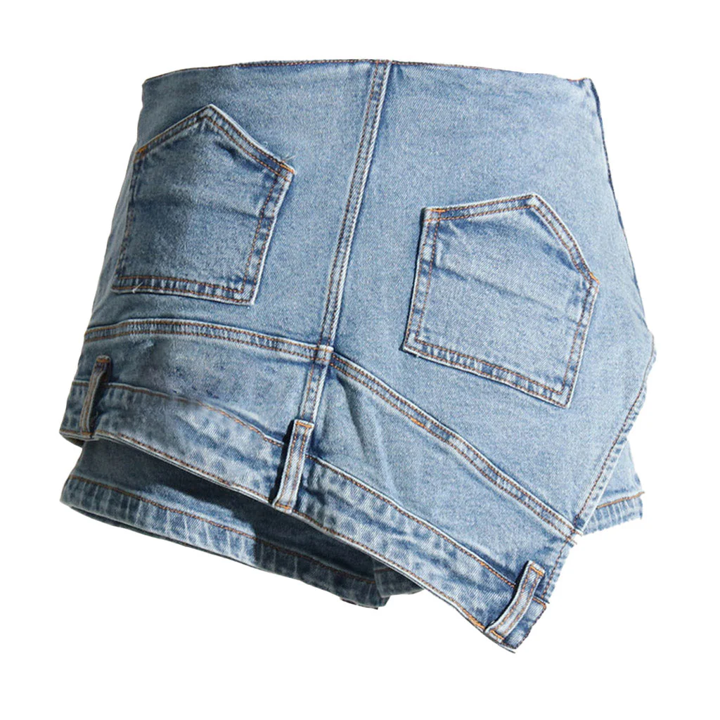 Asymmetric Upside Down High Waist Cutoff Denim Skorts - Image 4