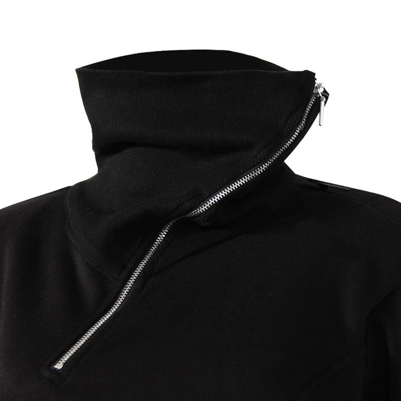 Asymmetric Zip Detail Turtleneck Shoulder Pad Long Sleeve Crop Top - Image 3