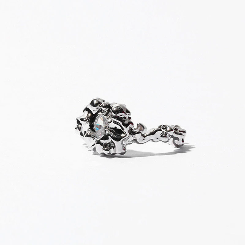 Asymmetric Zircon Embellished Silver Plated Open Cuff Ring - Silver - Image 2