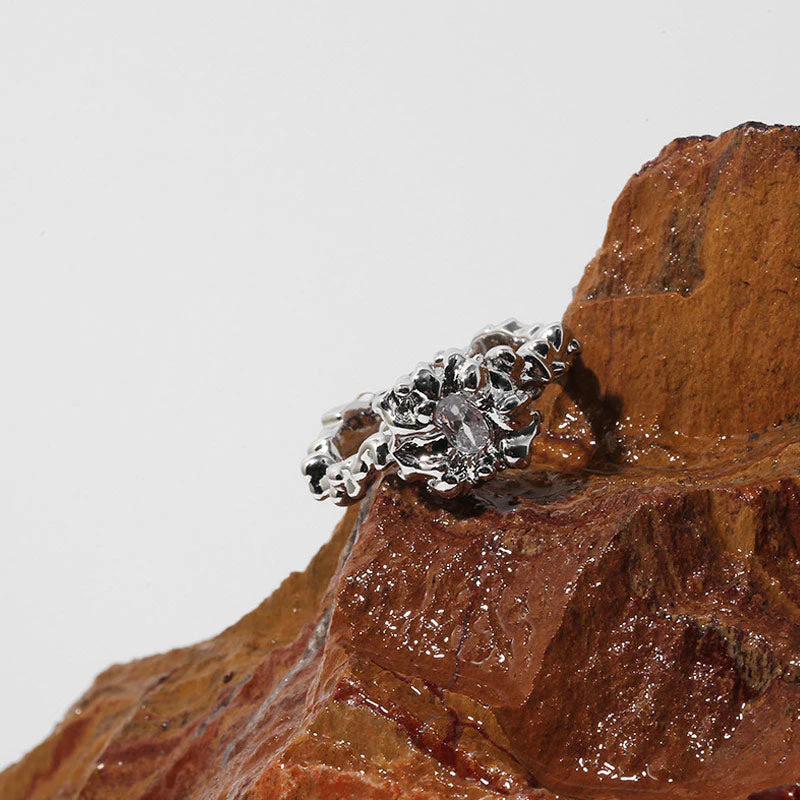 Asymmetric Zircon Embellished Silver Plated Open Cuff Ring - Silver - Image 4