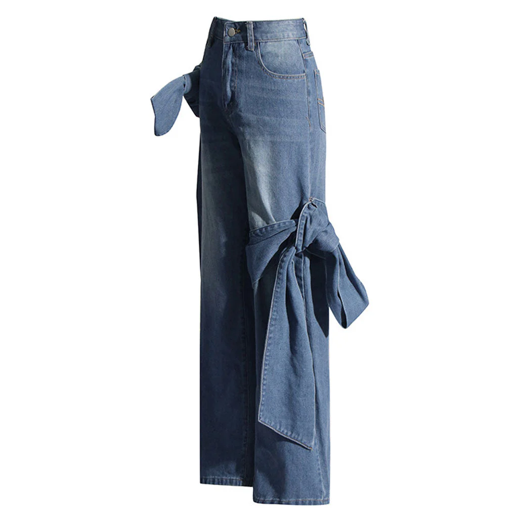 Asymmetrical Bowknot Whisker Detail High Waist Straight Leg Jeans - Image 2