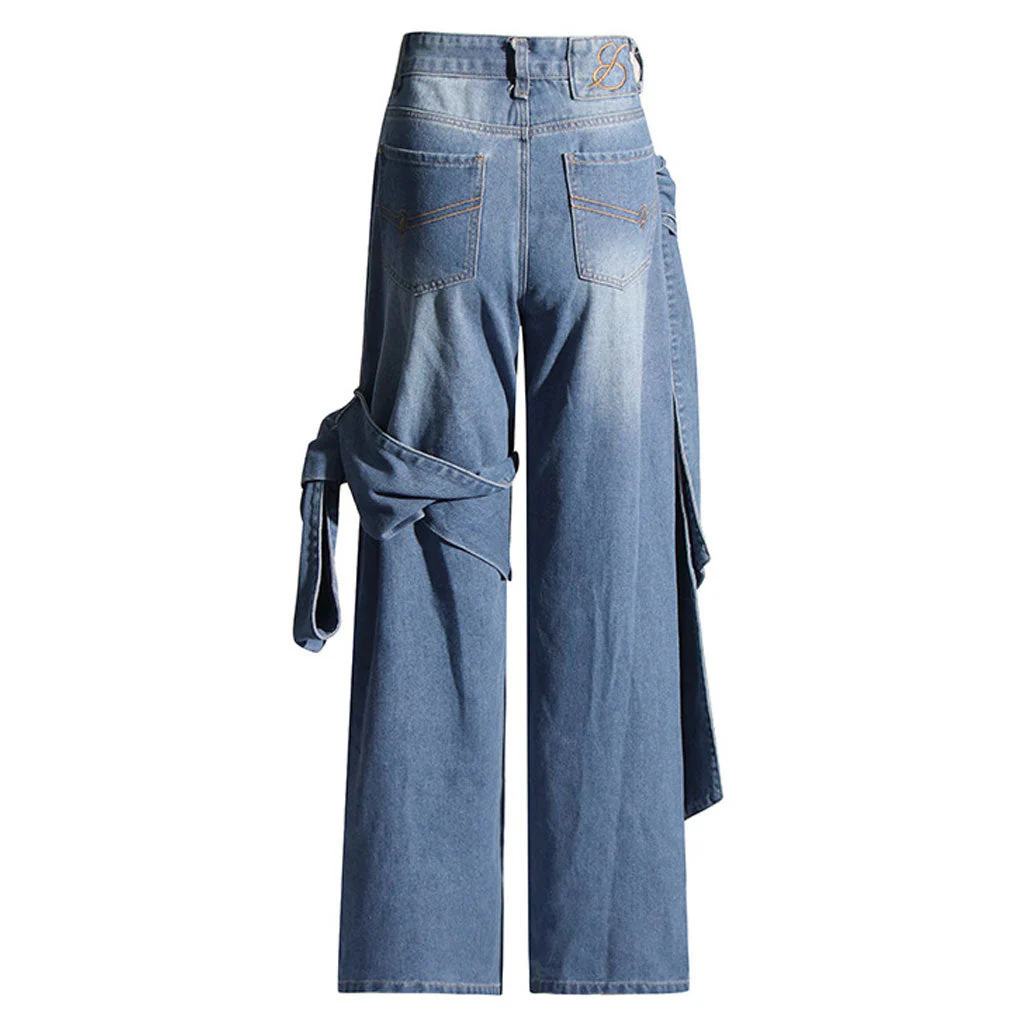 Asymmetrical Bowknot Whisker Detail High Waist Straight Leg Jeans - Image 3