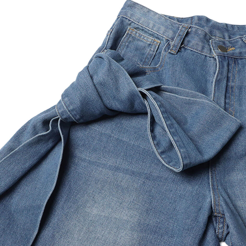 Asymmetrical Bowknot Whisker Detail High Waist Straight Leg Jeans - Image 5