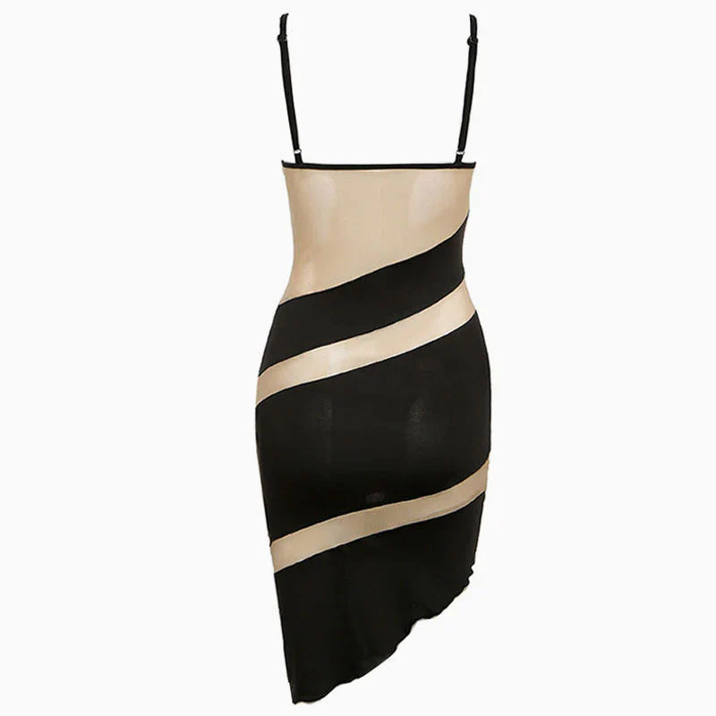 Asymmetrical Bustier Floss Strap Mesh Panel Sheer Dress - Black - Image 4