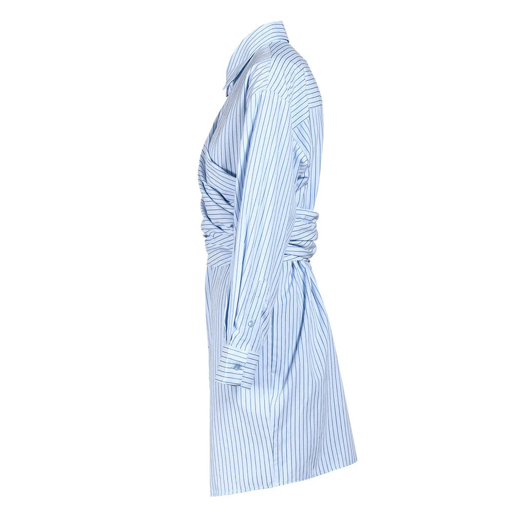 Asymmetrical Button Down Collared Wrap Effect Deconstructed Striped Mini Shirt Dress - Image 2