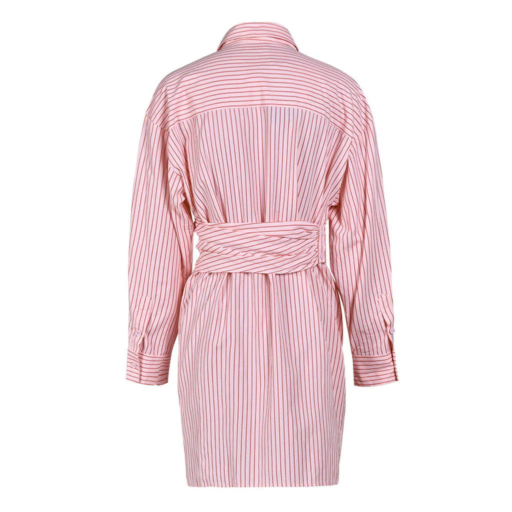 Asymmetrical Button Down Collared Wrap Effect Deconstructed Striped Mini Shirt Dress - Image 5
