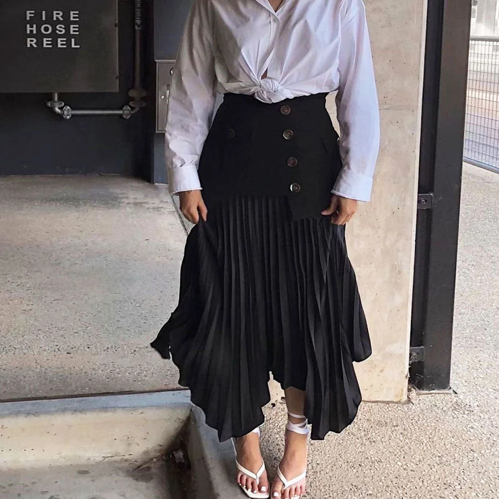 Asymmetrical Chiffon High Waist Panel Trim Button Up Pleated Midi Skirt - Black - Image 2