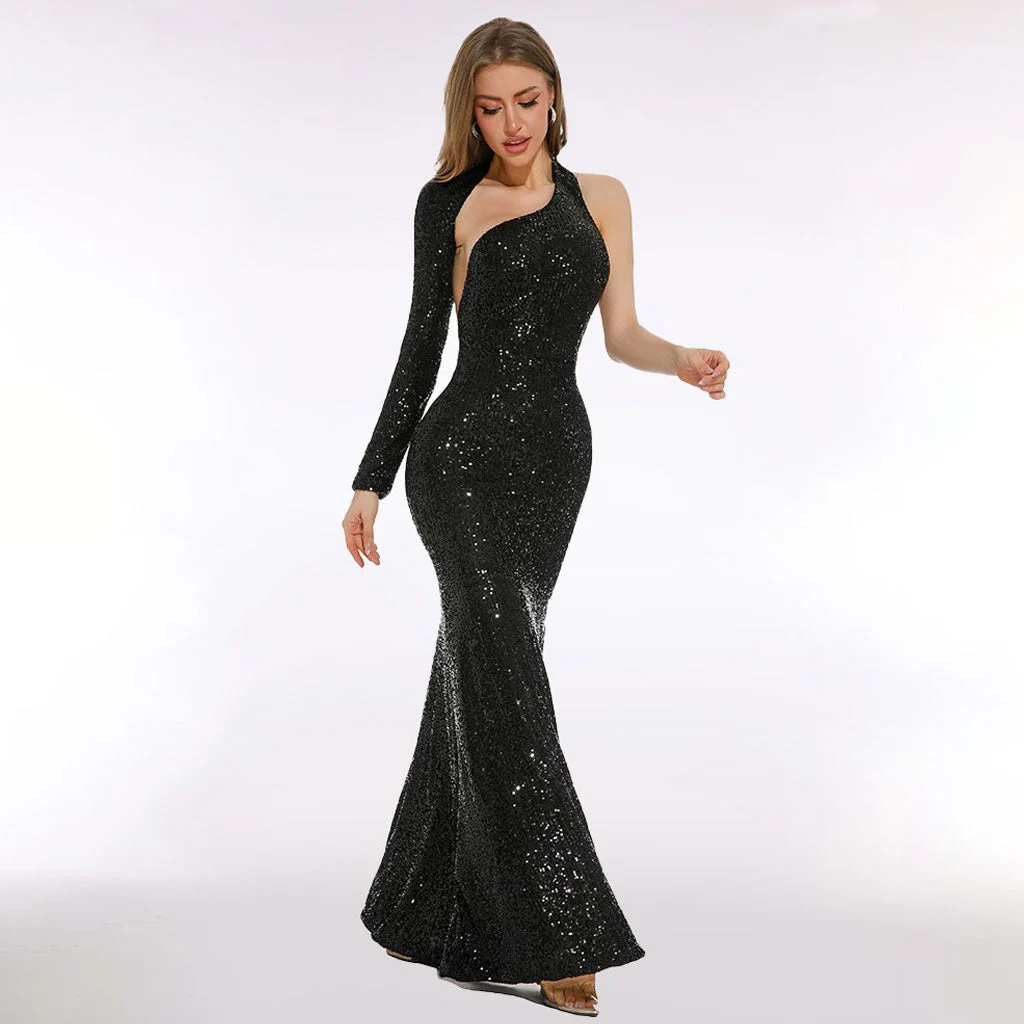 Asymmetrical CutOut Fishtail Hem Sequin Embellished Maxi Evening Dress - Image 2