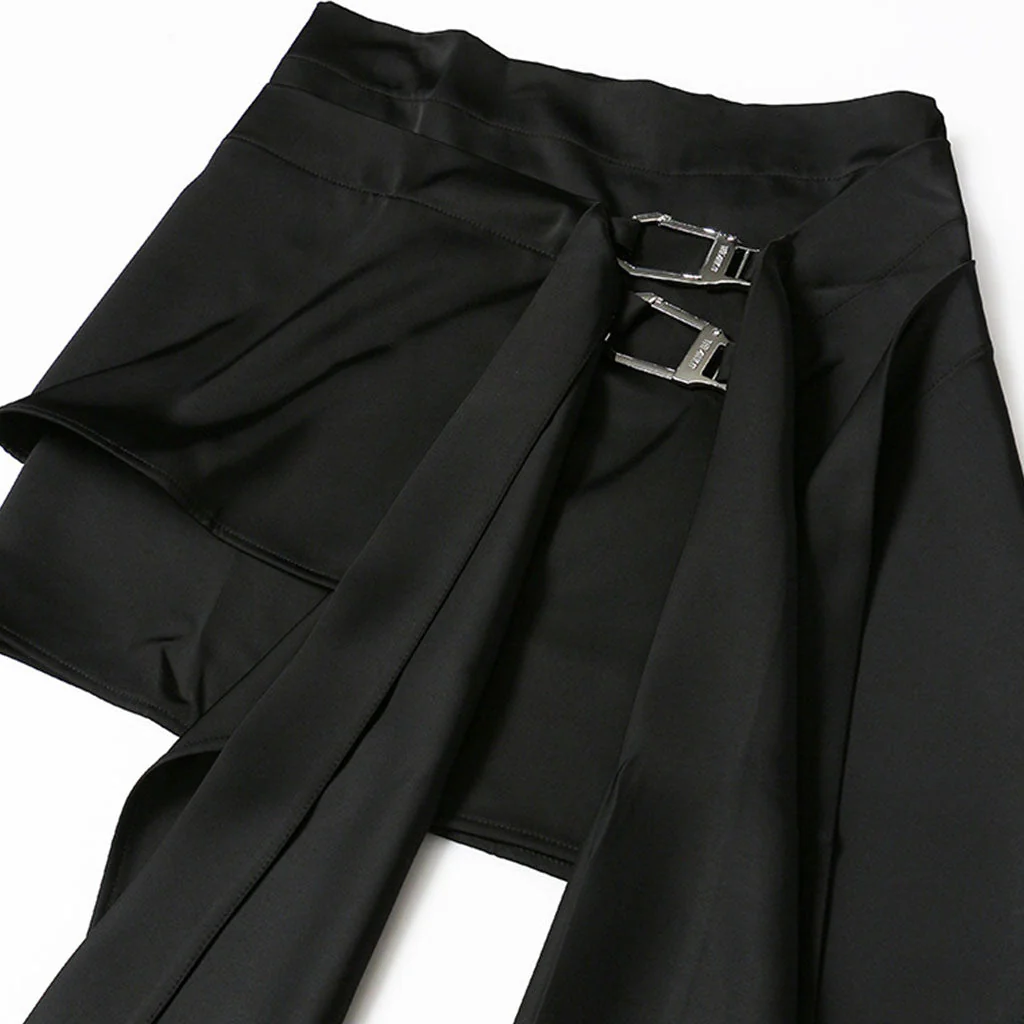 Asymmetrical Draped Sash Metallic Buckle High Waist Layered Bodycon Mini Skirt - Image 3