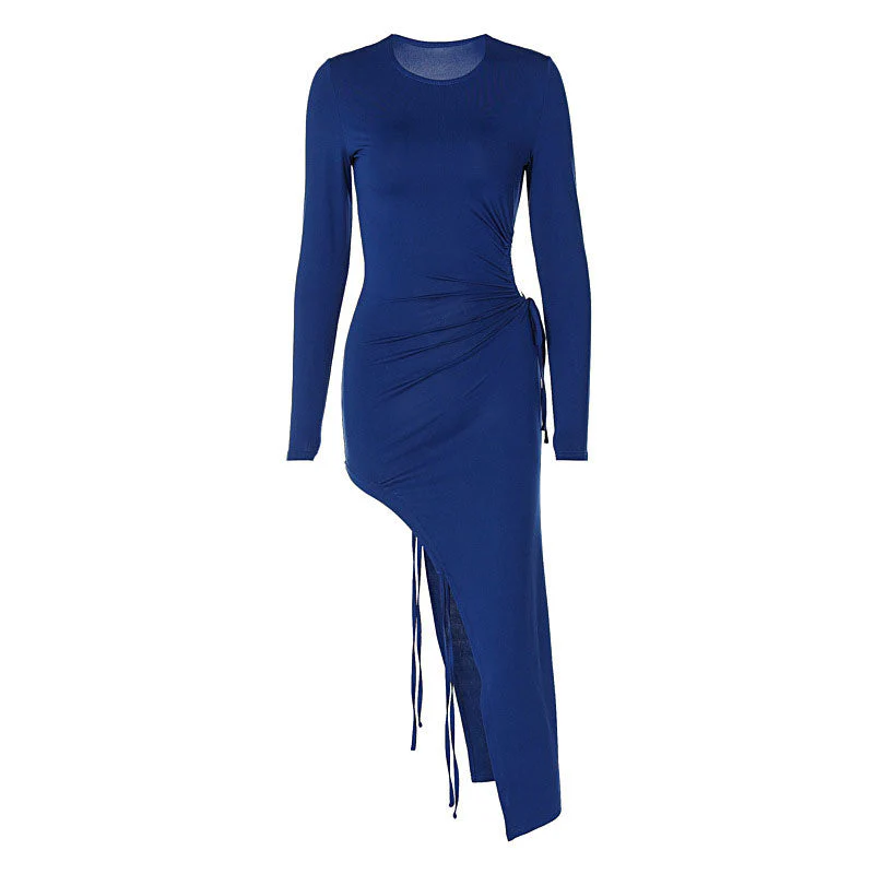Asymmetrical Drawstring Crew Neck Long Sleeve Split Maxi Dress - Royal Blue - Image 3