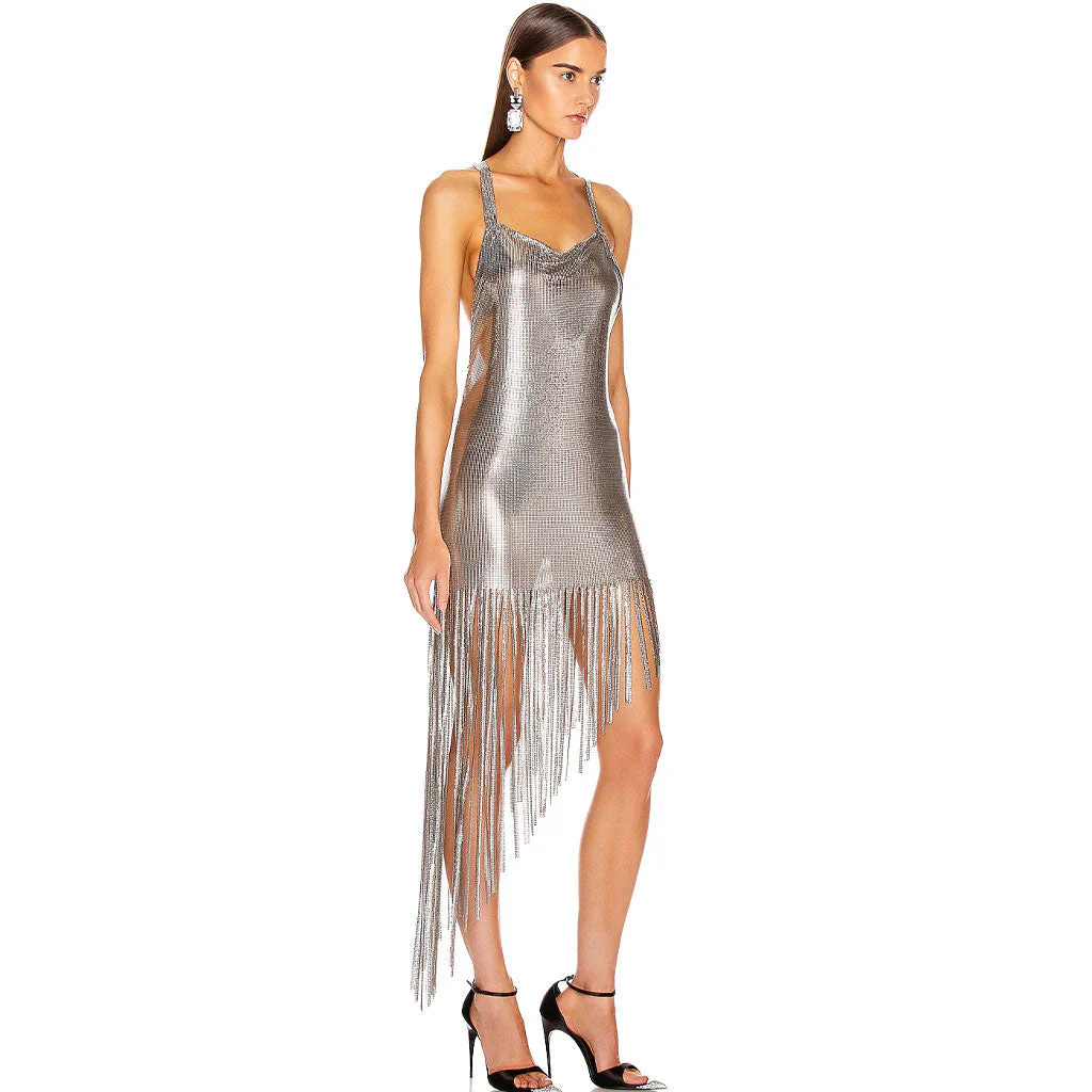 Asymmetrical Fringe Cowl Neck Backless Metal Mesh Dress - Silver - Image 2