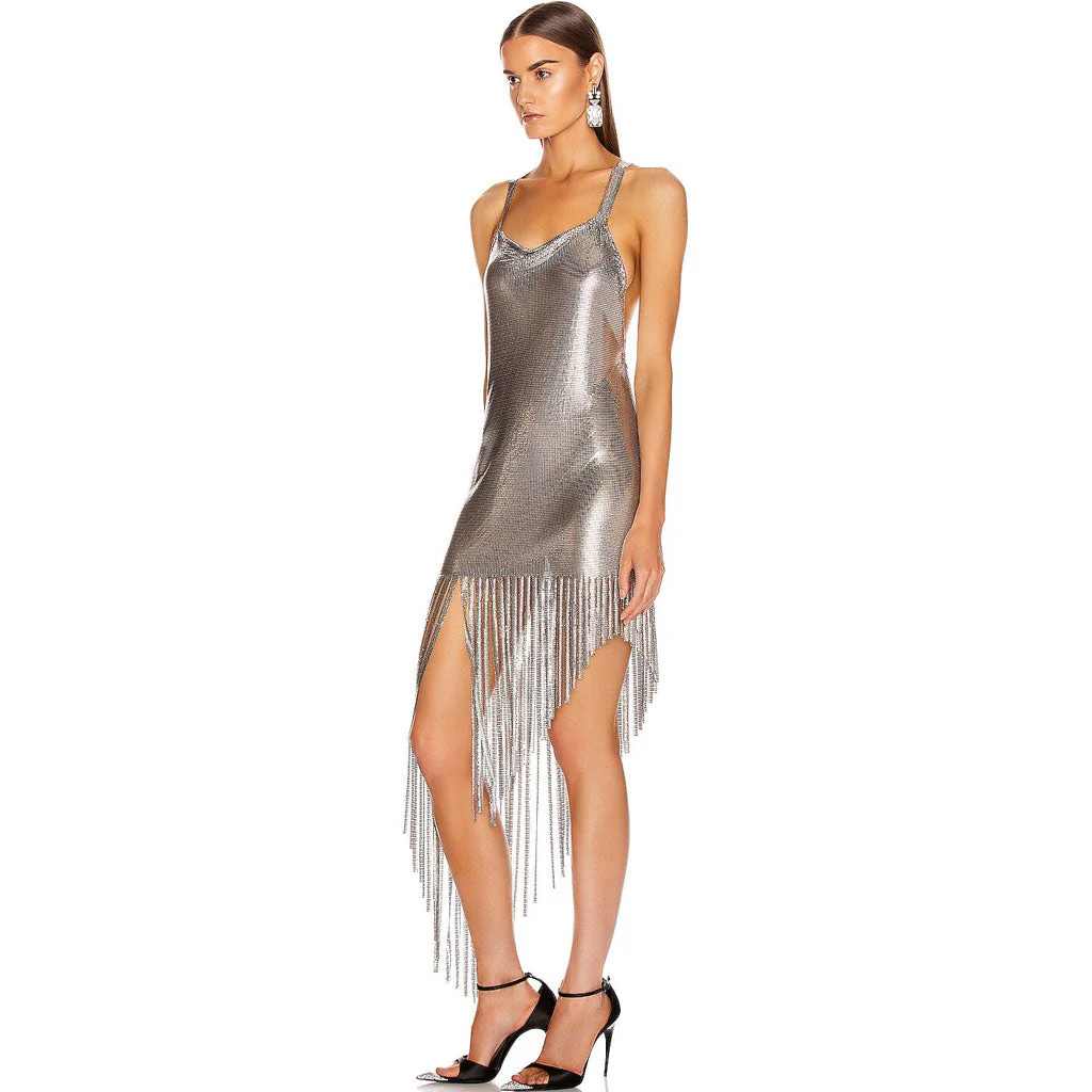 Asymmetrical Fringe Cowl Neck Backless Metal Mesh Dress - Silver - Image 3