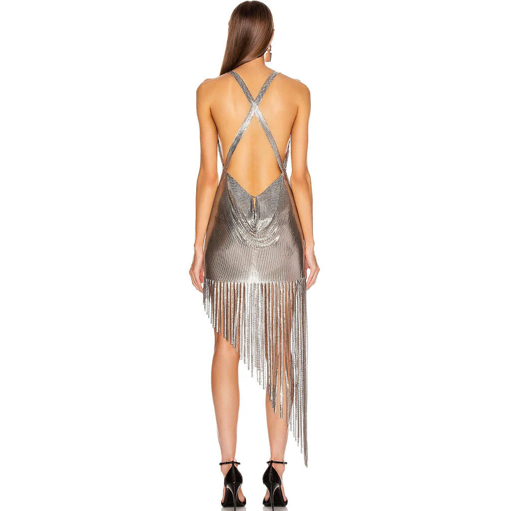 Asymmetrical Fringe Cowl Neck Backless Metal Mesh Dress - Silver - Image 4