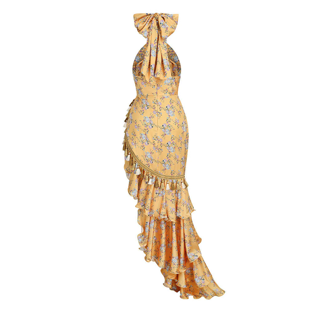 Asymmetrical Fringed Ruffle Hem Bow Tie Halter Backless Floral Evening Dress - Image 2