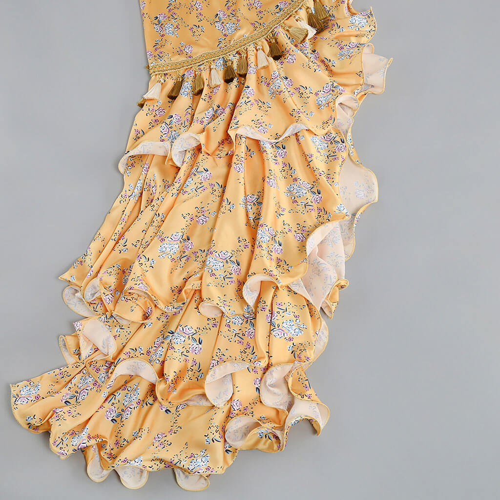 Asymmetrical Fringed Ruffle Hem Bow Tie Halter Backless Floral Evening Dress - Image 4