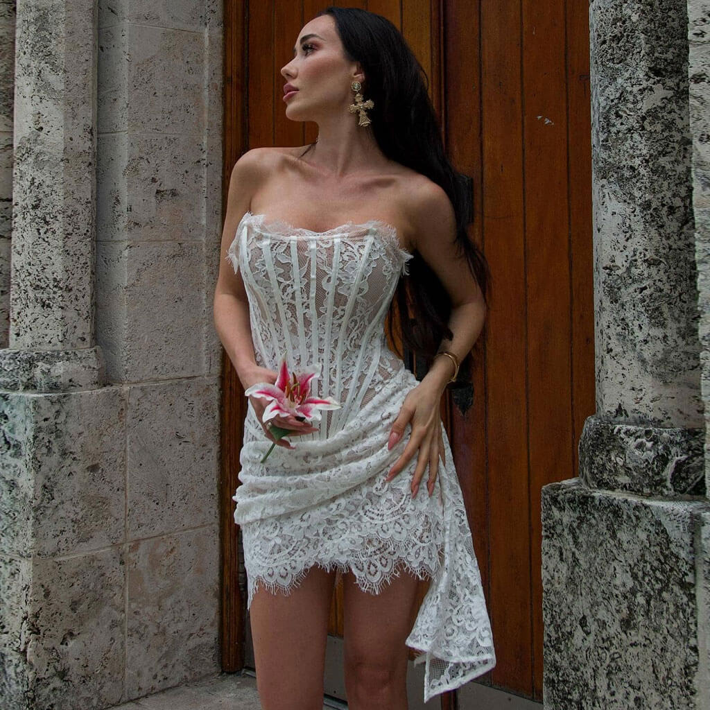 Asymmetrical Hem Strapless Laced Back Eyelash Lace Corset Draped Mini Party Dress - Image 2